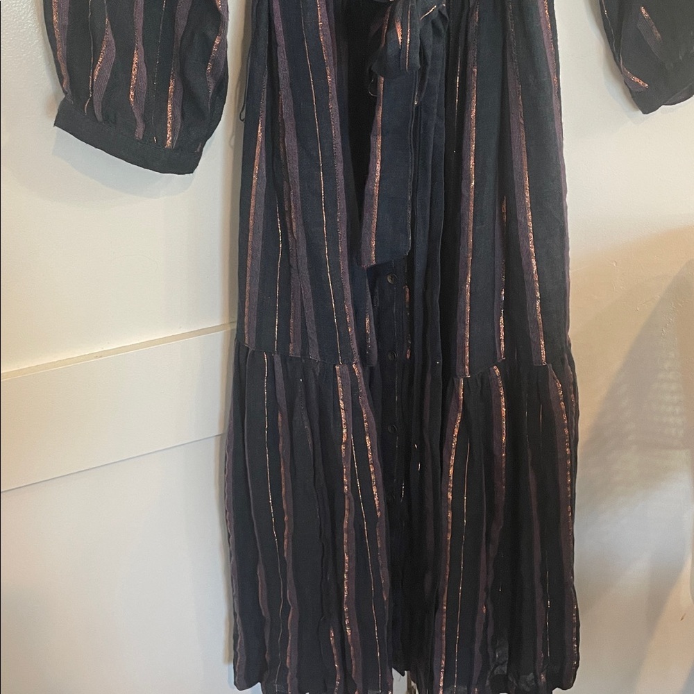 Anthropologie Midnight Ruffled Collared Midi Dress Navy Blue Metallic SZ Medium - Picture 7 of 10